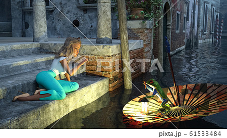 A girl says goodbye with the frog prince, fairy tale characters. 61533484
