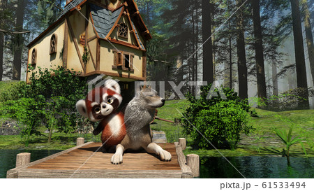 Ping and Wolf from Fluffy's Land. Cartoon character. 3d illustration. 61533494