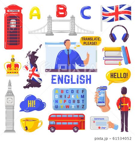 Learning English, tourism to Great Britain, London landmarks vector illustration isolated. 61534052