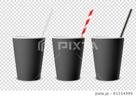 Vector 3d Realistic Black Disposable Opened Blank Paper, Plastic Coffee, Tea Cup for Drinks with Straw Icon Set Closeup Isolated on Transparent Background. Design Template, Mockup. Top and Front View 61534999