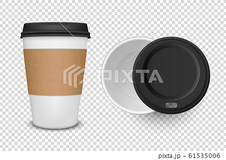 Vector 3d Realistic Disposable Opened and Closed Paper, Plastic Coffee, Tea Cup for Drinks with Black Plastic Lid Icon Set Closeup Isolated on Transparent Background. Design Template, Mockup. Top View 61535006