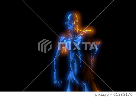 Male torso made of glass or black metal. He have pain and holds his back. Isolated on black background. 3d rendered medical illustration 61535170