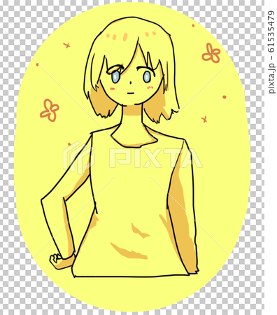 無表情の照れ顔で腰に手を当てている女性のイラスト素材