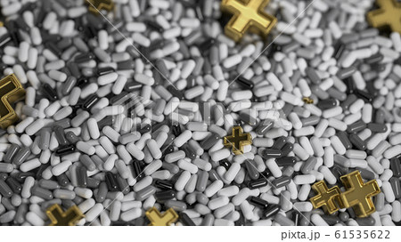 Heap of medicine tablets. Background made from pills or capsules in white and gray colors with medical sign in shape of cross made by gold. 3d illustration 61535622