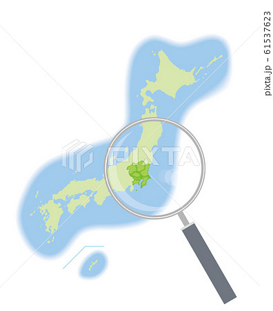 虫眼鏡と地方別の日本地図の半立体のイラスト 関東地方 47都道府県別