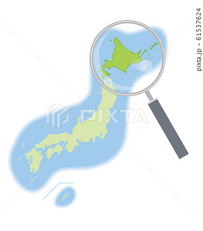 虫眼鏡と地方別の日本地図の半立体のイラスト 北海道 47都道府県別データ グラフィック素材のイラスト素材