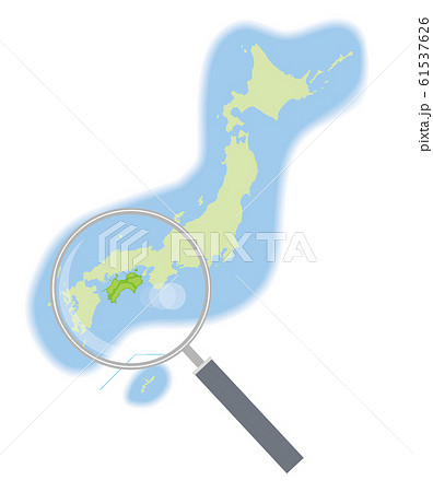 虫眼鏡と地方別の日本地図の半立体のイラスト 四国地方 47都道府県別