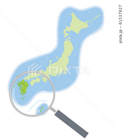 虫眼鏡と地方別の日本地図の半立体のイラスト　九州地方｜47都道府県別データ：グラフィック素材 61537627