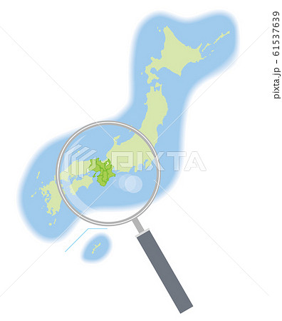 虫眼鏡と地方別の日本地図の半立体のイラスト 近畿地方 47都道府県別データ グラフィック素材のイラスト素材