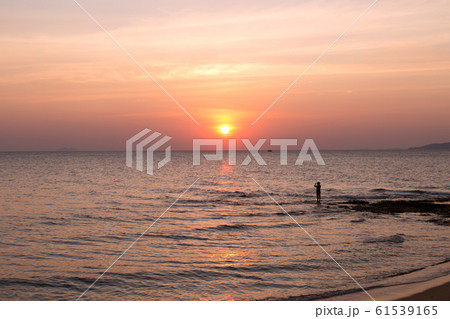 Fisherman on sea pink sunset background. Beautiful color clouds. 61539165