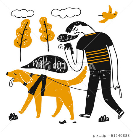 A man walking dog holding a cup of coffee. A man walking dog holding a cup of coffee. 61540888