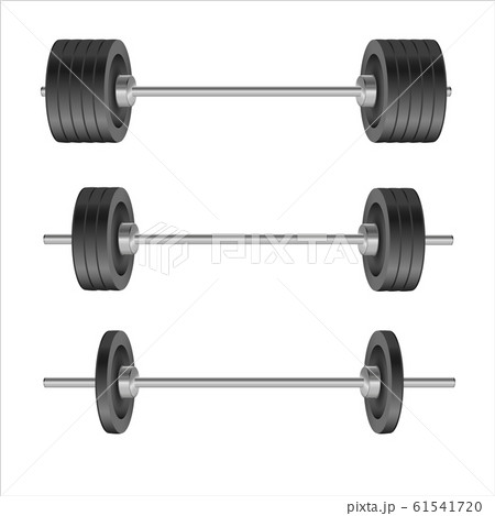 Barbells set of with different weights. Weightlifting equipment. Vector illustration in flat style isolated on white background.Vector realistic object Illustration 10 EPS Barbells set of with different weights. Weightlifting equipment. Vector illustration in flat style isolated on white background.Vector realistic object Illustration 10 EPS 61541720