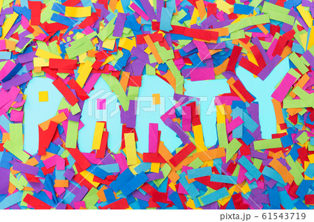 word party made of confetti decoration on blue 61543719