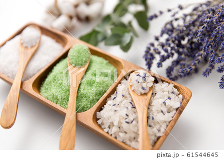 sea salt with wooden spoons and herbs sea salt with wooden spoons and herbs 61544645