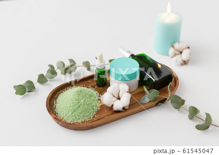 bath salt, serum, moisturizer and oil on tray 61545047