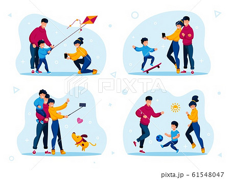 Family Happy Living Scenes Flat Vector Concept Set 61548047
