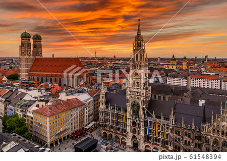 Aerial view on Marienplatz town hall and Frauenkirche in Munich, Germany Aerial view on Marienplatz town hall and Frauenkirche in Munich, Germany 61548394