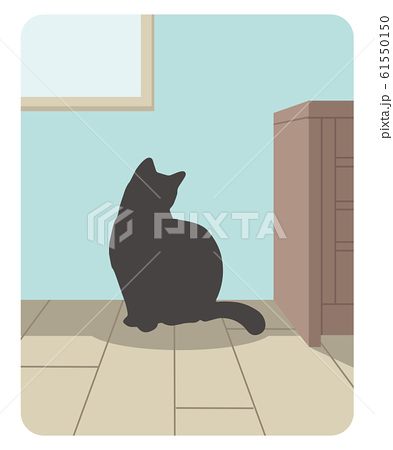 部屋の片隅の床に座る黒猫のイラスト素材
