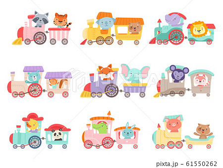 Cheerful African and Forest Animals Riding on Toy Train Vector Illustrations Set Cheerful African and Forest Animals Riding on Toy Train Vector Illustrations Set 61550262