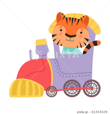 Funny Striped Tiger Riding on Train Vector Illustration 61550329