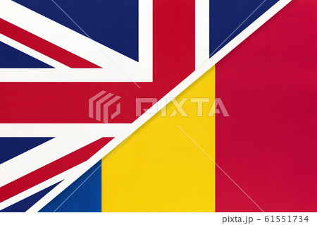 United Kingdom vs Romania national flag from textile United Kingdom vs Romania national flag from textile 61551734