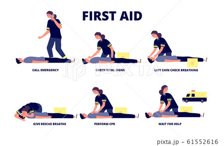 First aid reanimation. Cpr training, heart emergency revival. Ambulance and medical help procedures. Vector recovery breathing concept First aid reanimation. Cpr training, heart emergency revival. Ambulance and medical help procedures. Vector recovery breathing concept 61552616