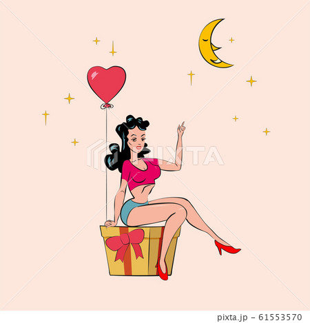 Sexy Pin-up woman sits on a gift box with holds an inflatable heart and points a finger to the moon. Vector in retro comic style isolated illustration 61553570