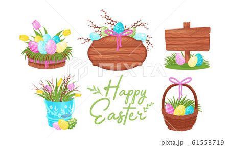 Easter Eggs Resting in Basket and Nest Vector Set 61553719
