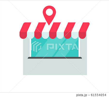 Store or shop building location vector illustration flat cartoon, cafe or restaurant front view with pin pointer isolated image 61554054
