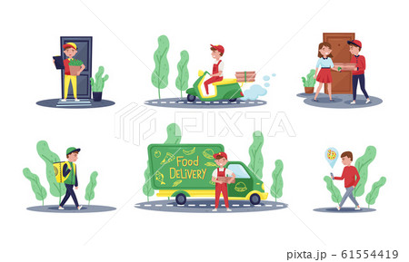 Young People Deliver Orders to Clients by Car and by Foot Vector Illustrations Set Young People Deliver Orders to Clients by Car and by Foot Vector Illustrations Set 61554419