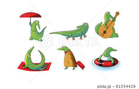 Funny Crocodile Character Pulling Baggage and Doing Yoga Vector Illustrations Set 61554429