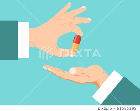 Doctor hand giving pills to patient vector illustration. Pharmacist hands gives tablets patient. Taking pill and treatment concept. Doctor hand giving pills to patient vector illustration. Pharmacist hands gives tablets patient. Taking pill and treatment concept. 61555395