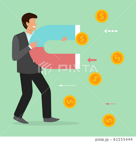 Business man magnetic attracts coins, money, finance. Businessman holds big magnet vector illustration. Money attract power concept 61555444
