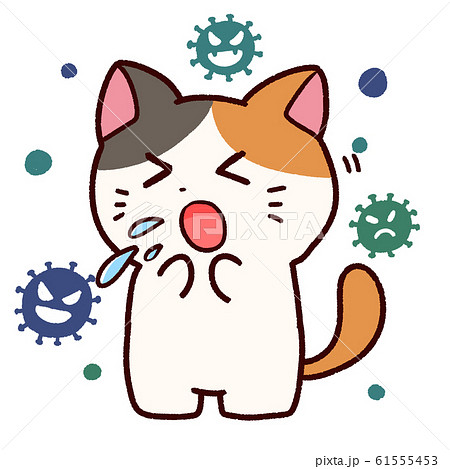 風邪でくしゃみをする三毛猫とウイルスのイラスト素材
