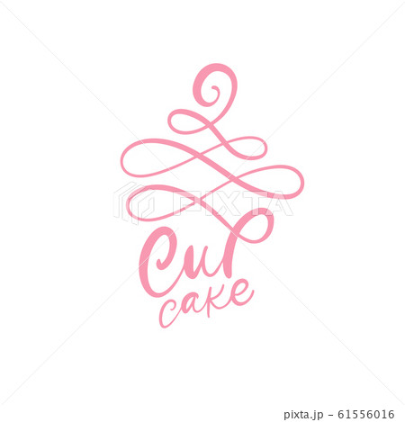 Cupcake vector flourish calligraphic text with logo. Sweet cupcake with cream muffin, vintage dessert emblem template design element. Candy bar birthday or wedding invitation 61556016
