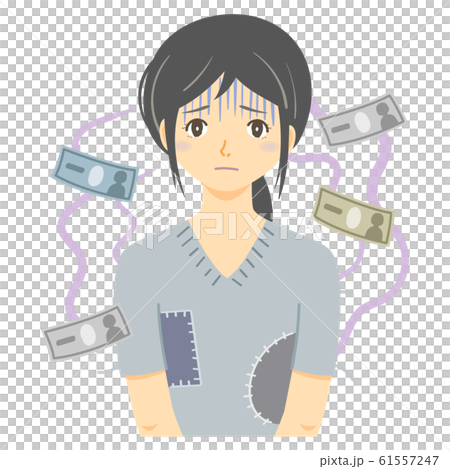 ボロボロの洋服を着ている貧困女性とお金の悩み ボロボロの洋服を着ている貧困女性とお金の悩み 61557247