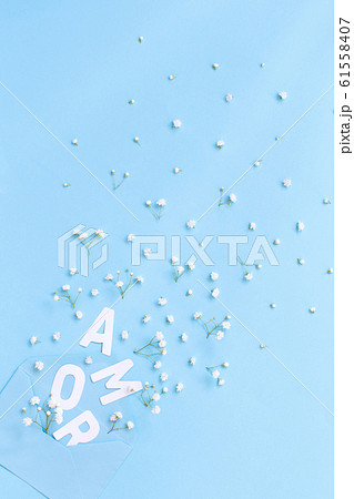 Blue envelope, text AMOR and small white flowers Blue envelope, text AMOR and small white flowers 61558407