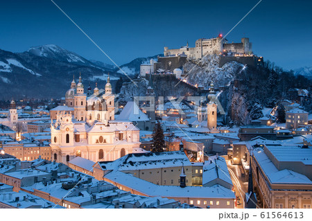 Beautiful view of the historic city of Salzburg in winter, Austria Beautiful view of the historic city of Salzburg in winter, Austria 61564613