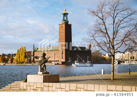 Stockholm city hall with Djurgarden ferry boat at sunrise, Sweden, Scandinavia 61564955