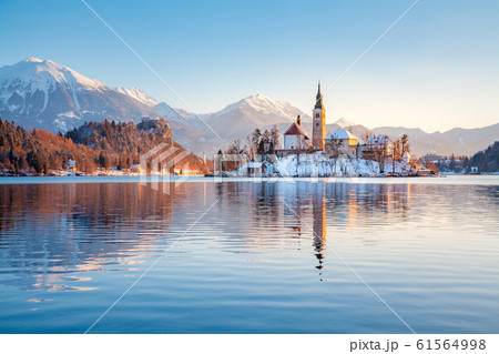 Lake Bled with Bled Island and Castle at sunrise, Bled, Slovenia 61564998