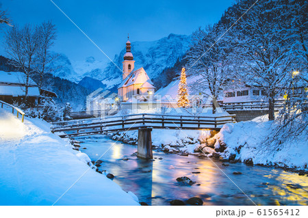 Church of Ramsau in winter twilight, Bavaria, Germany Church of Ramsau in winter twilight, Bavaria, Germany 61565412