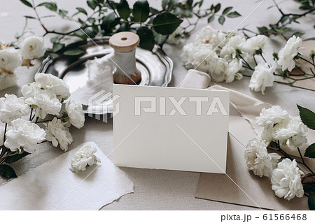 Wedding table composition. Place card mockup scene.with fading white rose flowers, silver plate, silk ribbons and envelopes. Grey background, selective focus. Moody festive, celebration concept. 61566468