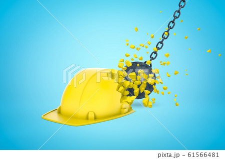 3d rendering of wrecking ball hitting and breaking yellow hard hat on light blue gradient background. 3d rendering of wrecking ball hitting and breaking yellow hard hat on light blue gradient background. 61566481