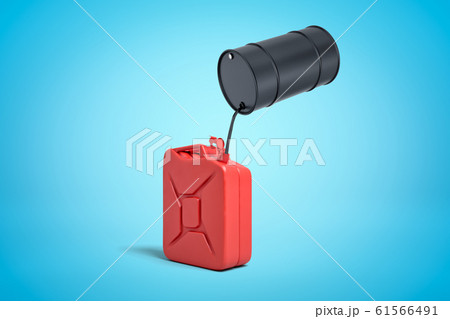 3d rendering of black metal barrel with black liquid pouring into red gasoline can on blue background 3d rendering of black metal barrel with black liquid pouring into red gasoline can on blue background 61566491