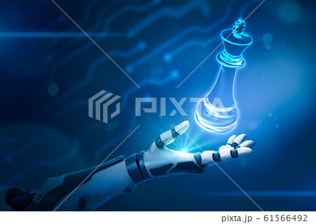 3d rendering of robotic hand and neon chess king on blue background 3d rendering of robotic hand and neon chess king on blue background 61566492