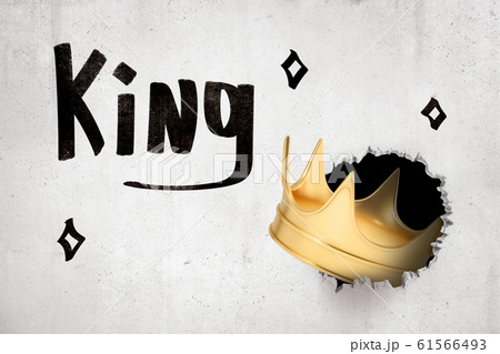 3d rendering of golden crown breaking white wall with 'King' sign on white background 3d rendering of golden crown breaking white wall with 'King' sign on white background 61566493