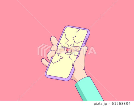 Cartoon hand keeps touchscreen phone with cracked 61568304