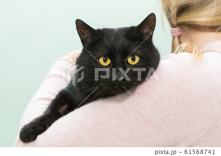 Black cat on the shoulder of  woman 61568741