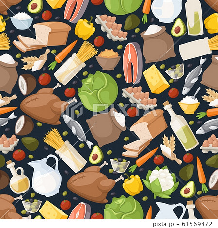 Food icons in seamless pattern, vector illustration. Isolated emblems of cooking ingredients, dairy products, vegetables, chicken and fish. Wrapping paper for food market 61569872