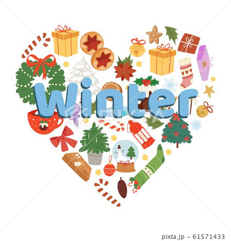 Winter and Christmas time vector illustrations on white background in heart shape. Winter holiday elements and objects. Gifts, cookies, christmas tree, wreath and socks with toys. Winter and Christmas time vector illustrations on white background in heart shape. Winter holiday elements and objects. Gifts, cookies, christmas tree, wreath and socks with toys. 61571433